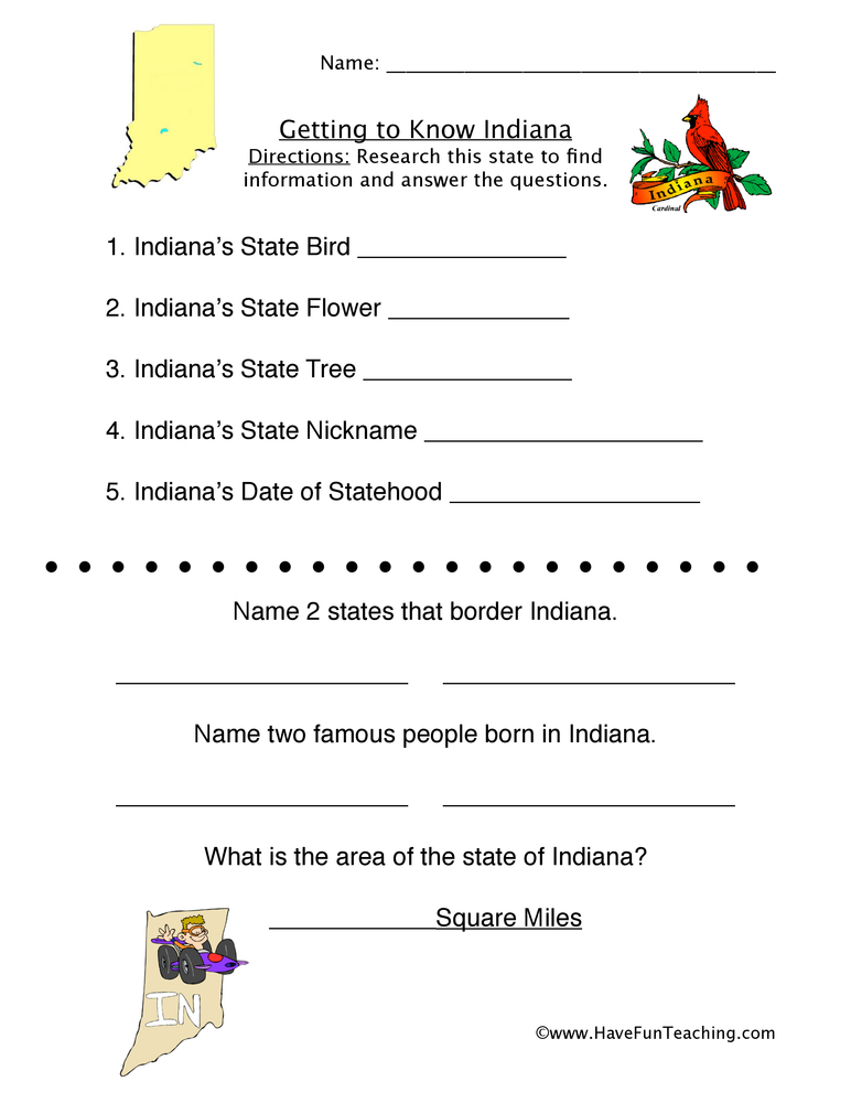 Indiana Worksheets - Have Fun Teaching
