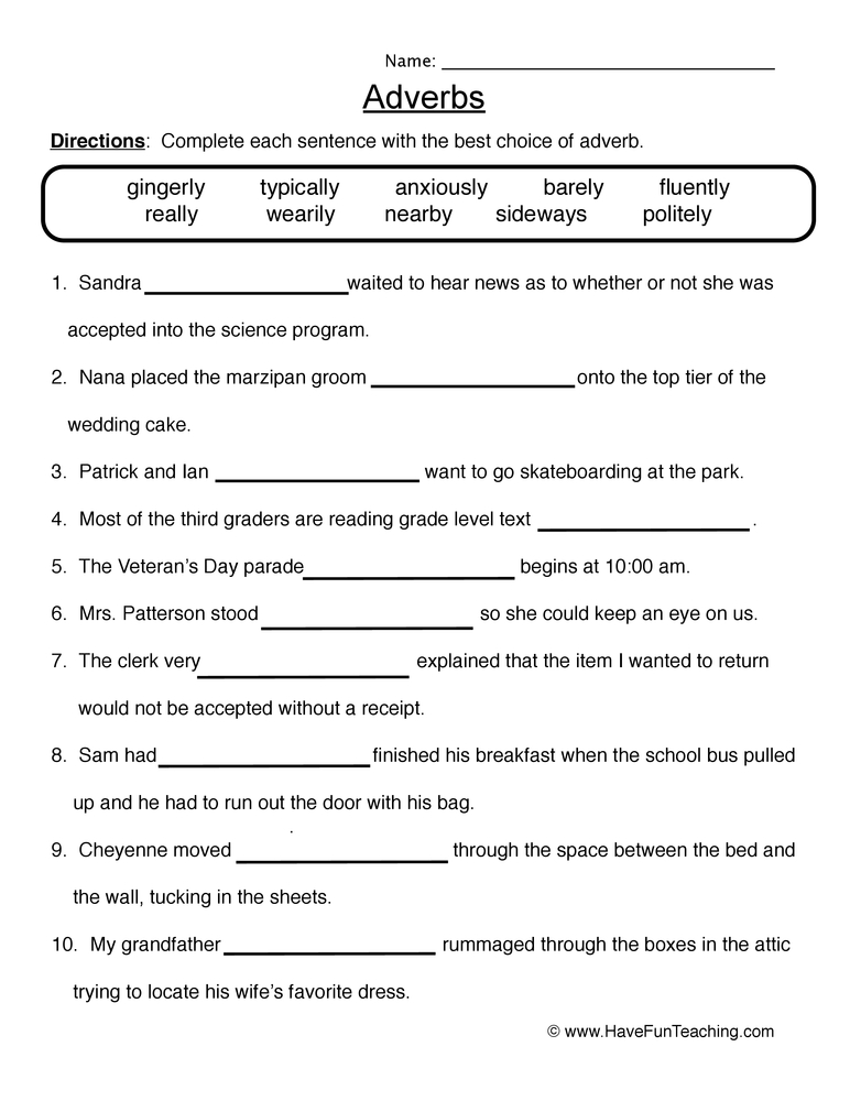 Free Adverb Worksheets For Grade 3