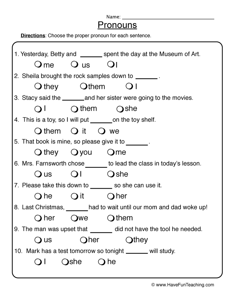 Worksheets On Pronoun