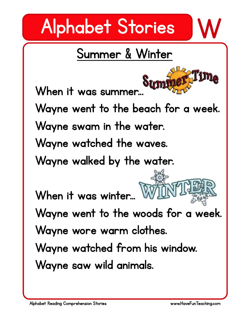 Alphabet Stories Letter W Reading Comprehension Worksheet - Have Fun  Teaching