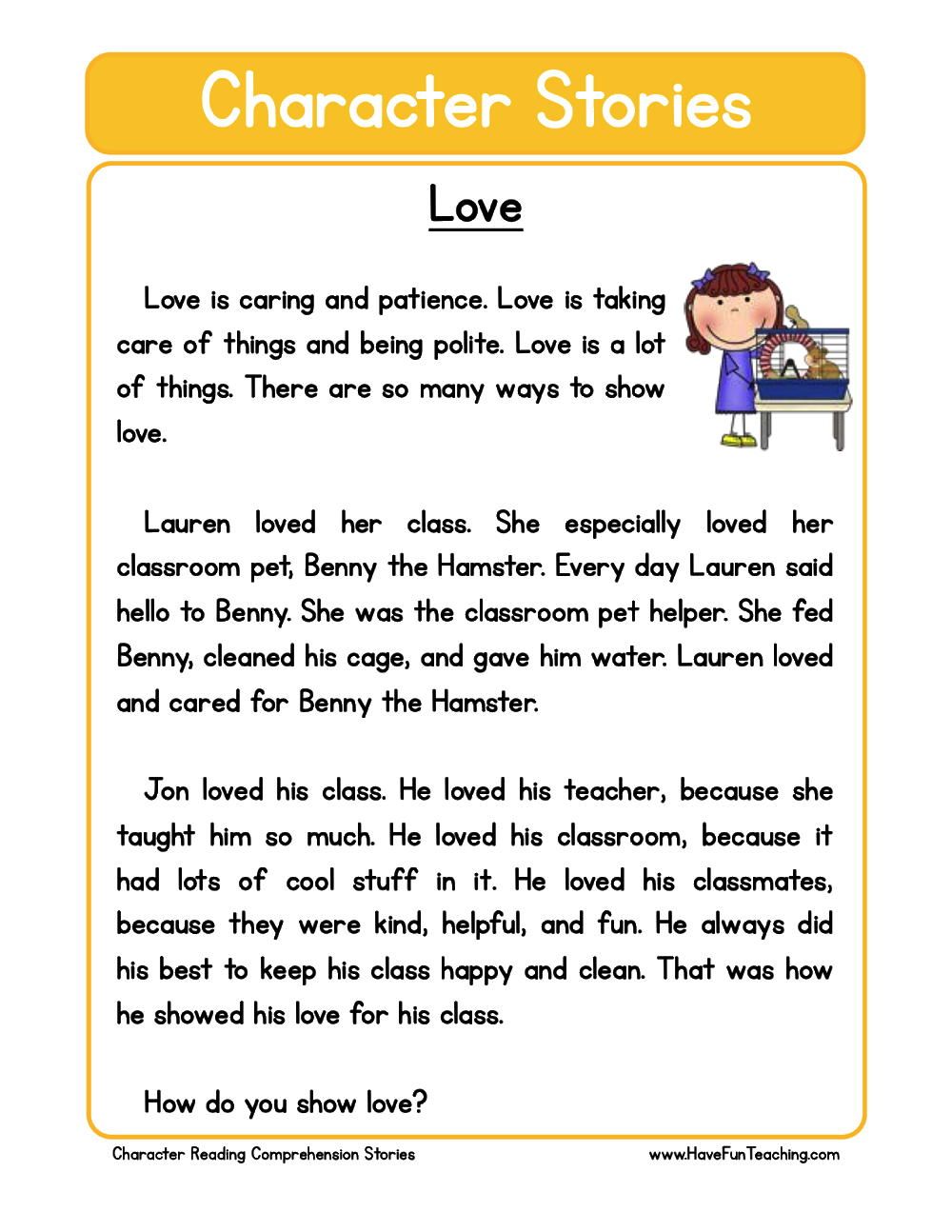 Love Character Reading Comprehension Worksheet - Have Fun Teaching