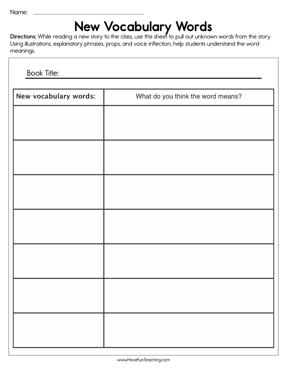 New Vocabulary Words Worksheet Have Fun Teaching
