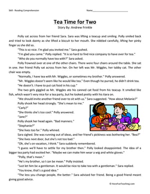 Tea Time for Two Reading Comprehension Worksheet - Have Fun Teaching