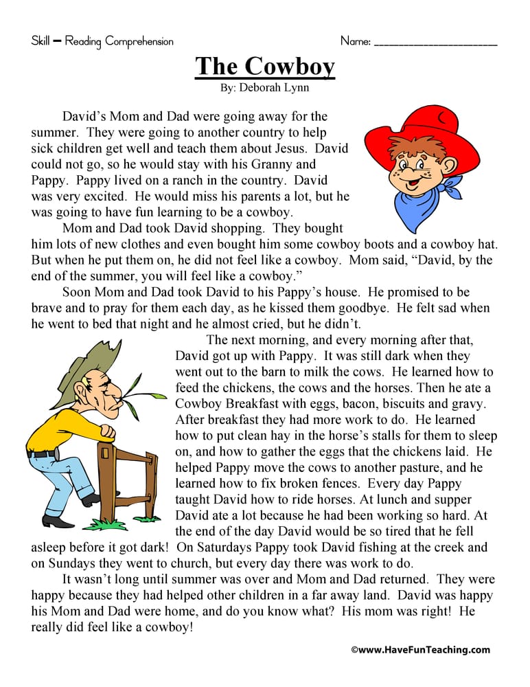 The Cowboy Reading Comprehension Worksheet - Have Fun Teaching