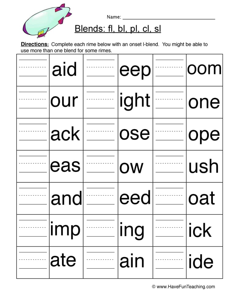 Writing L Blend Words Worksheet - Have Fun Teaching