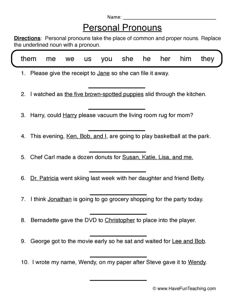 Writing Personal Pronouns Worksheet - Have Fun Teaching