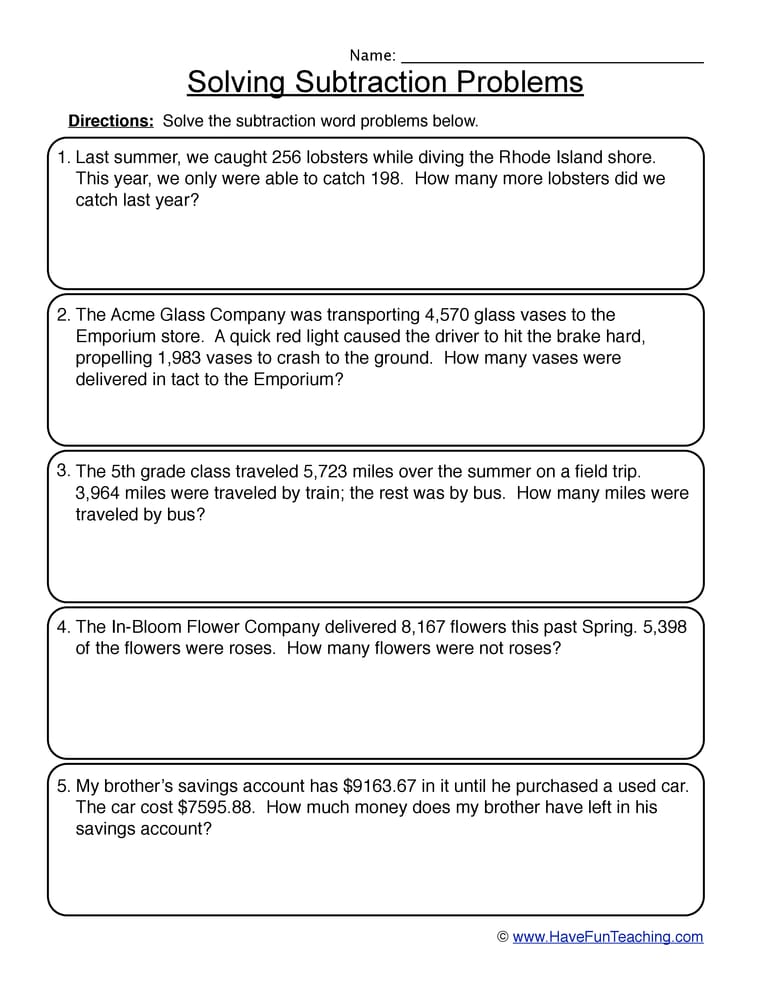 Subtraction Word Problems Worksheet - Have Fun Teaching
