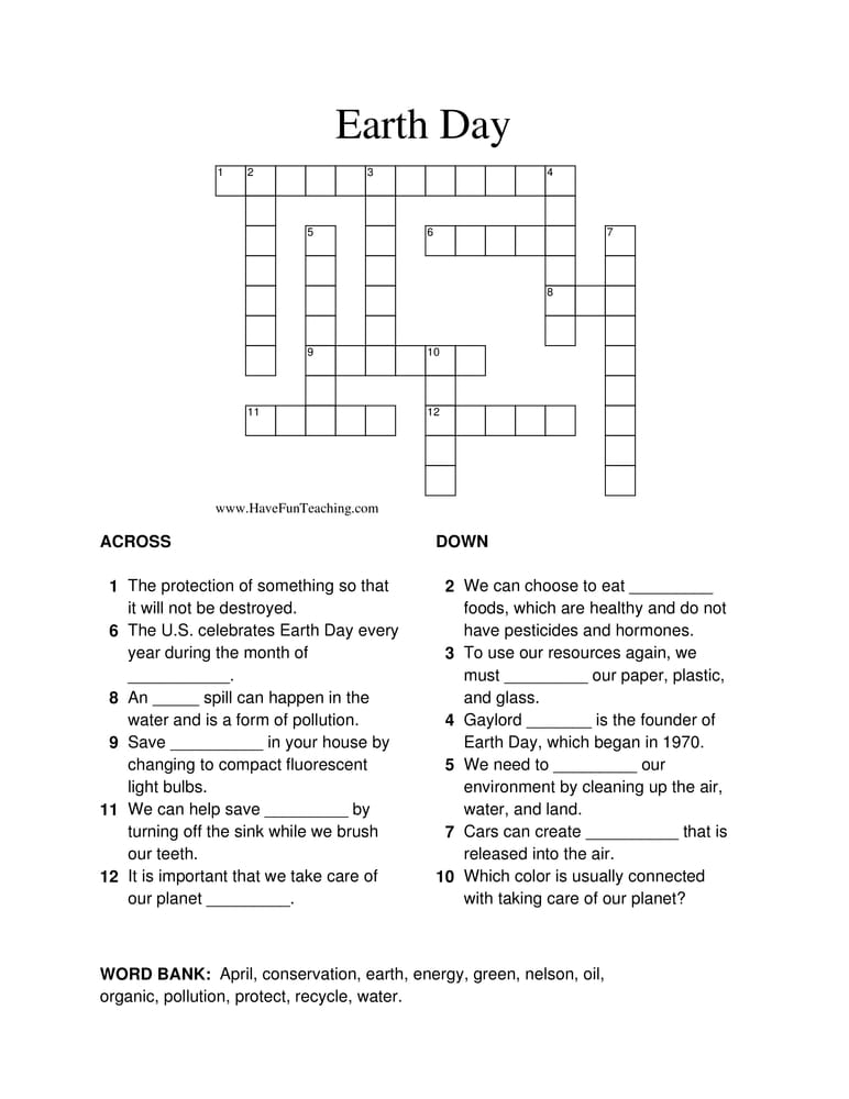 Earth Day Crossword Puzzle - Have Fun Teaching