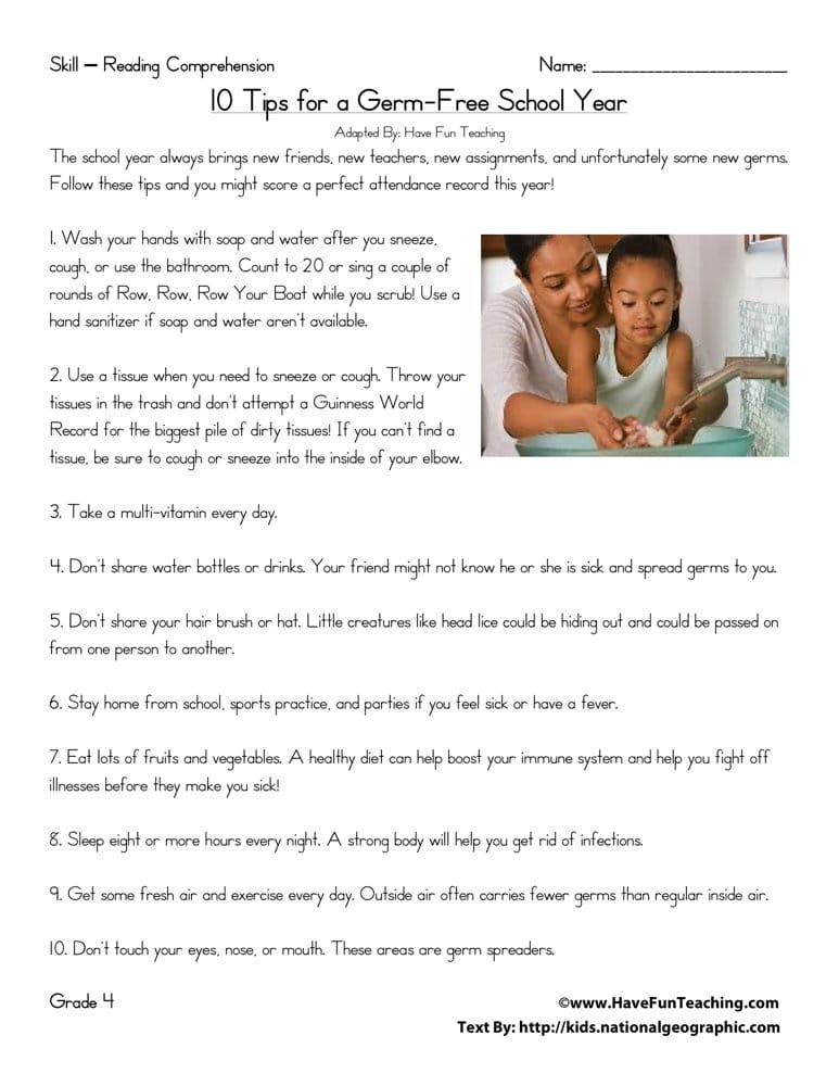 10 Tips for a Germ Free School Year Reading Comprehension Worksheet - Have  Fun Teaching