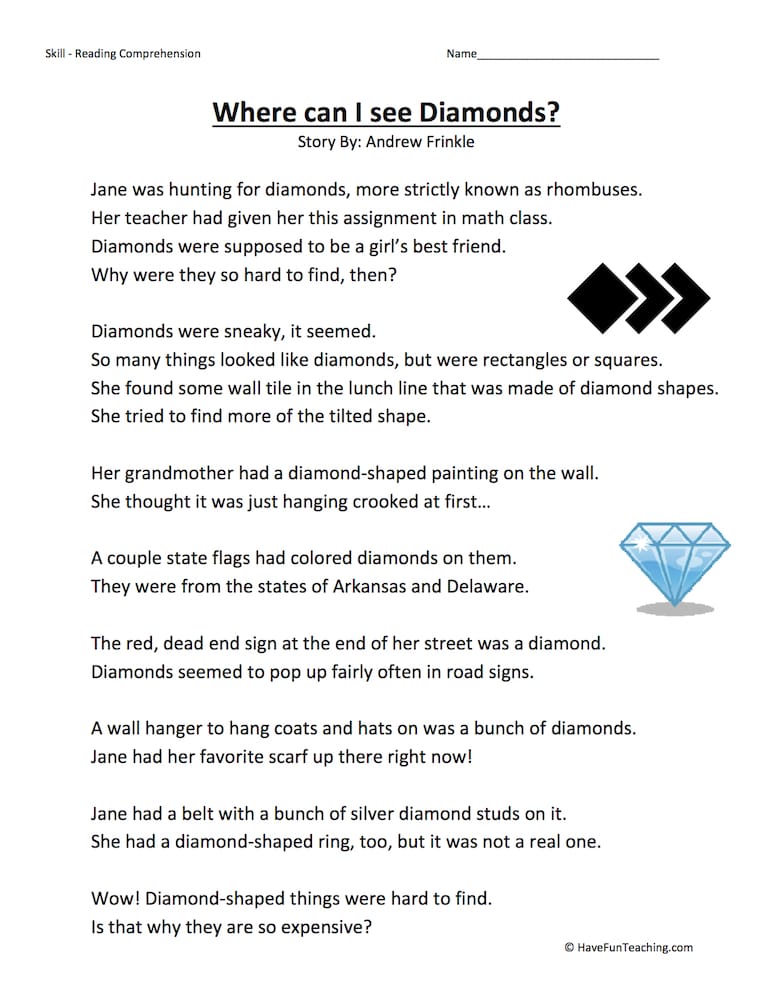 Where Can I See Diamonds? Reading Comprehension Worksheet - Have Fun  Teaching