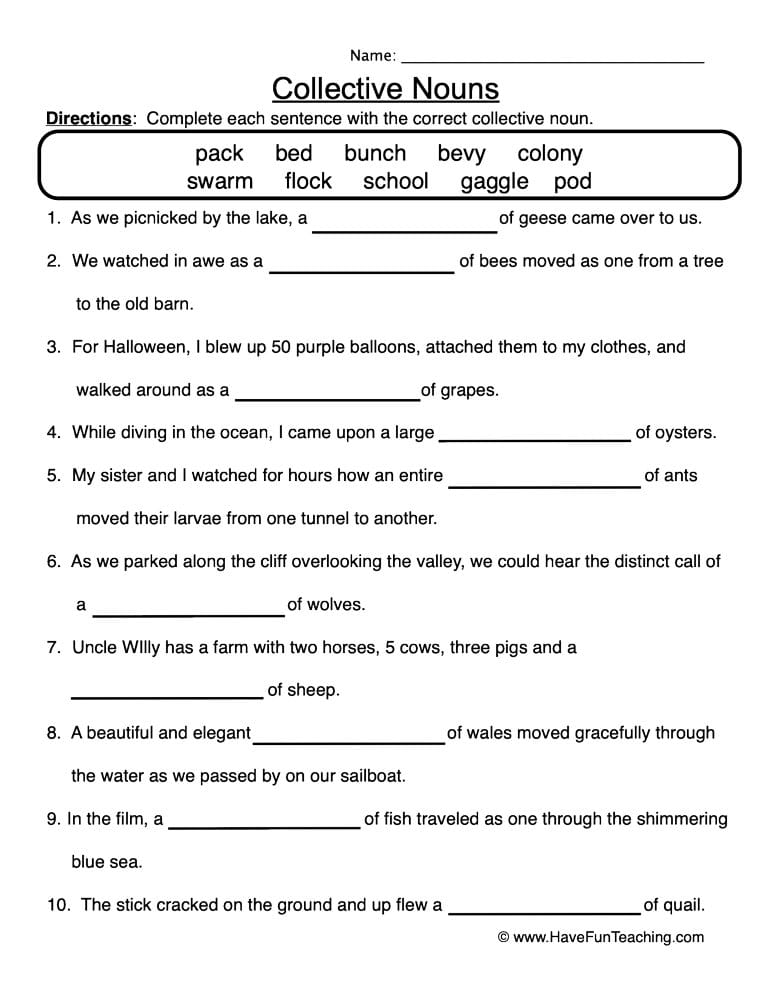 Collective Nouns Complete the Sentence Worksheet - Have Fun Teaching