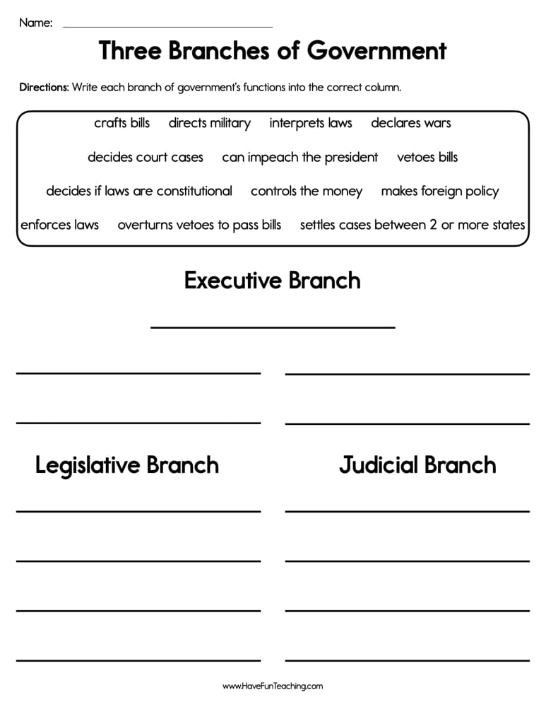 Three Branches of Government Worksheet - Have Fun Teaching