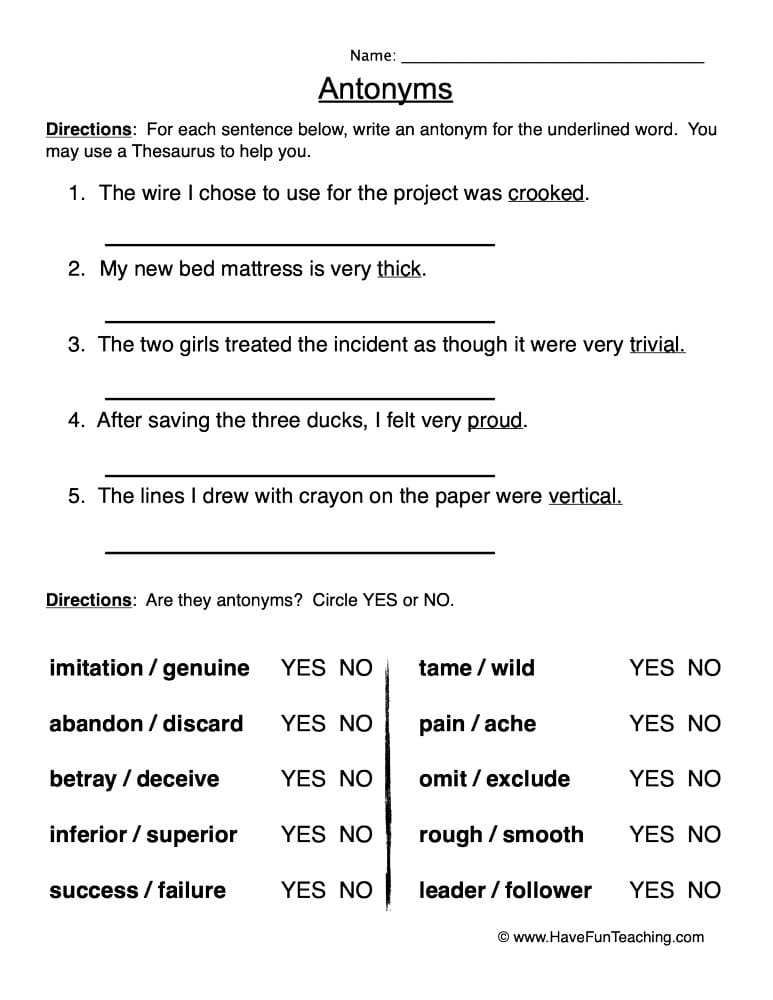 Antonyms Worksheet - Have Fun Teaching