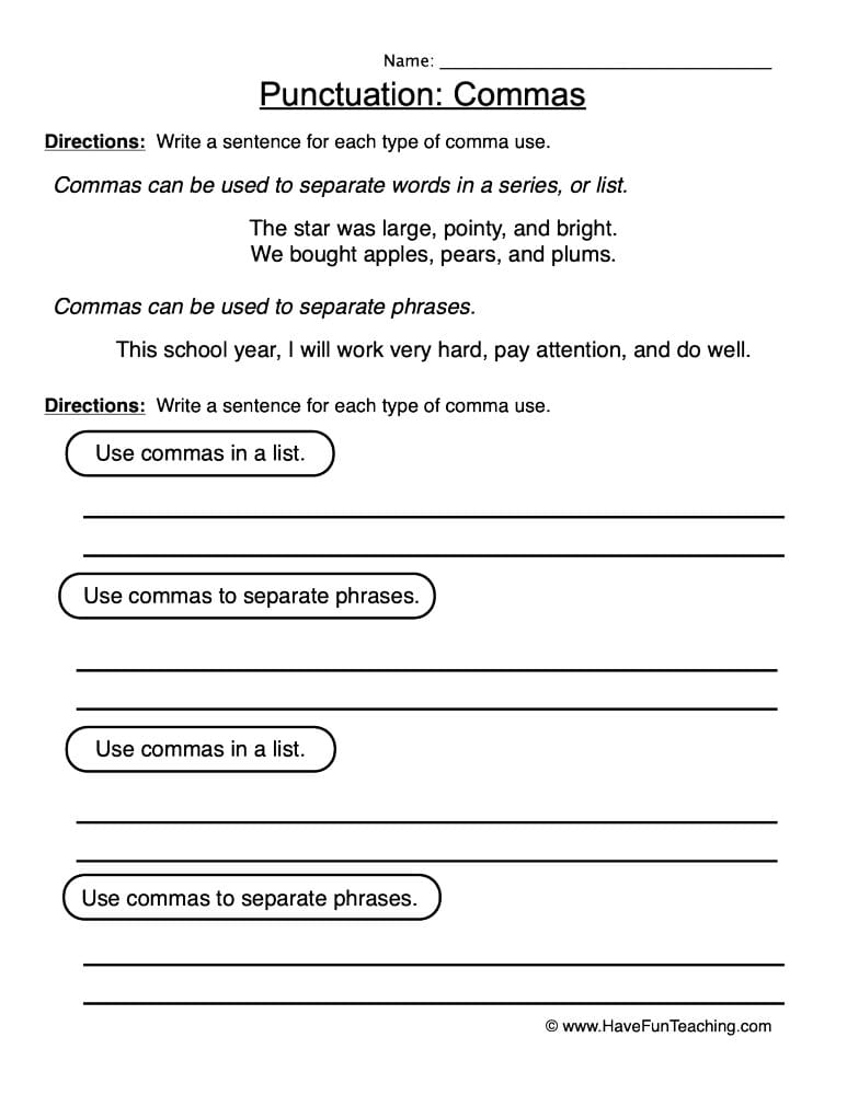 Commas Punctuation Worksheet Have Fun Teaching