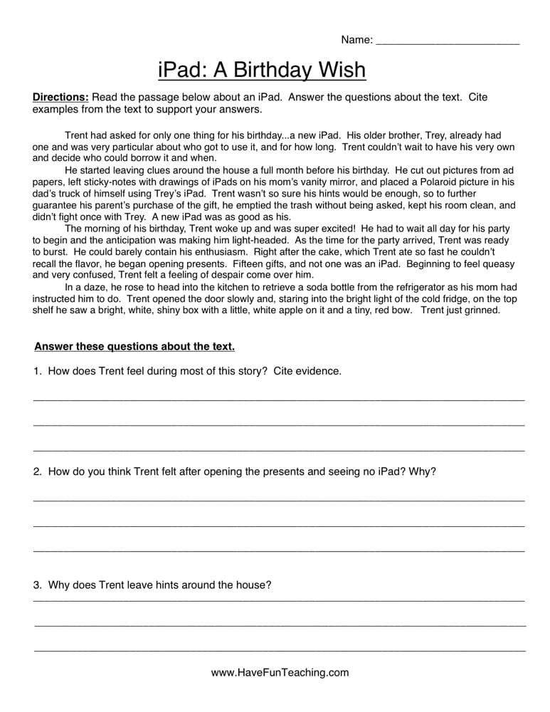 iPad A Birthday Wish Reading Comprehension Worksheet - Have ...