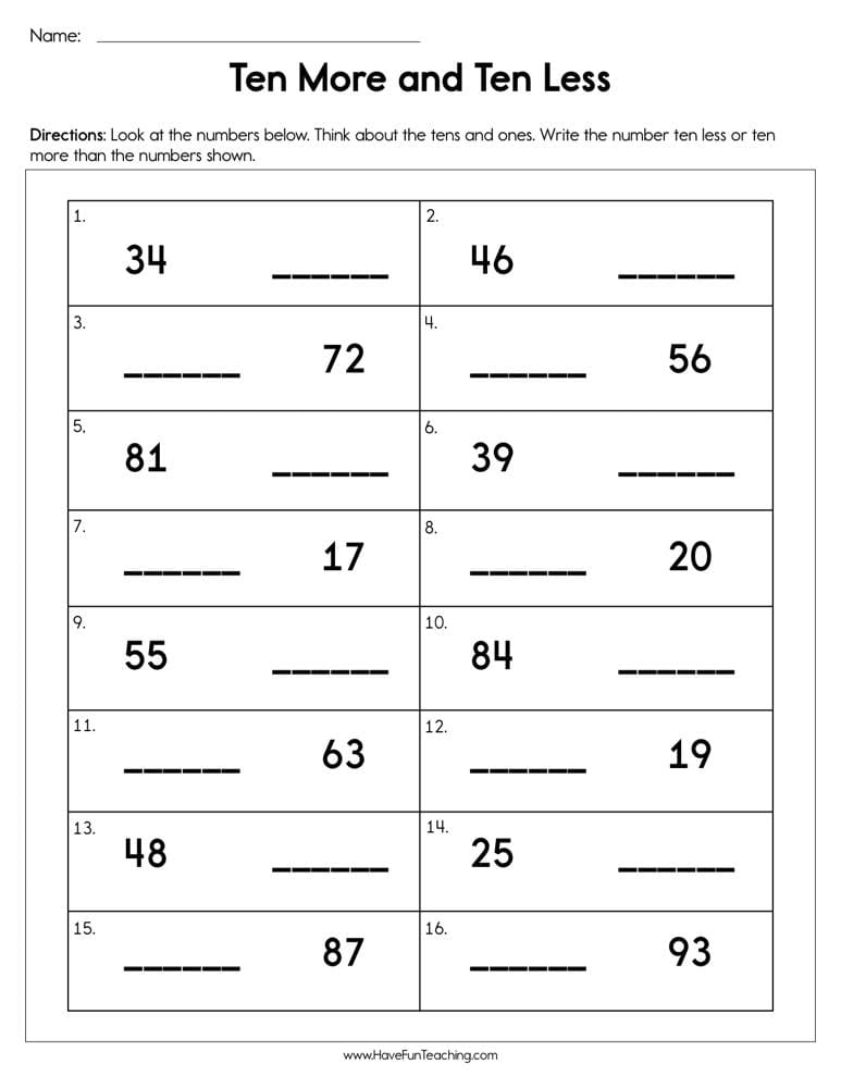 Ten More and Ten Less Worksheet - Have Fun Teaching