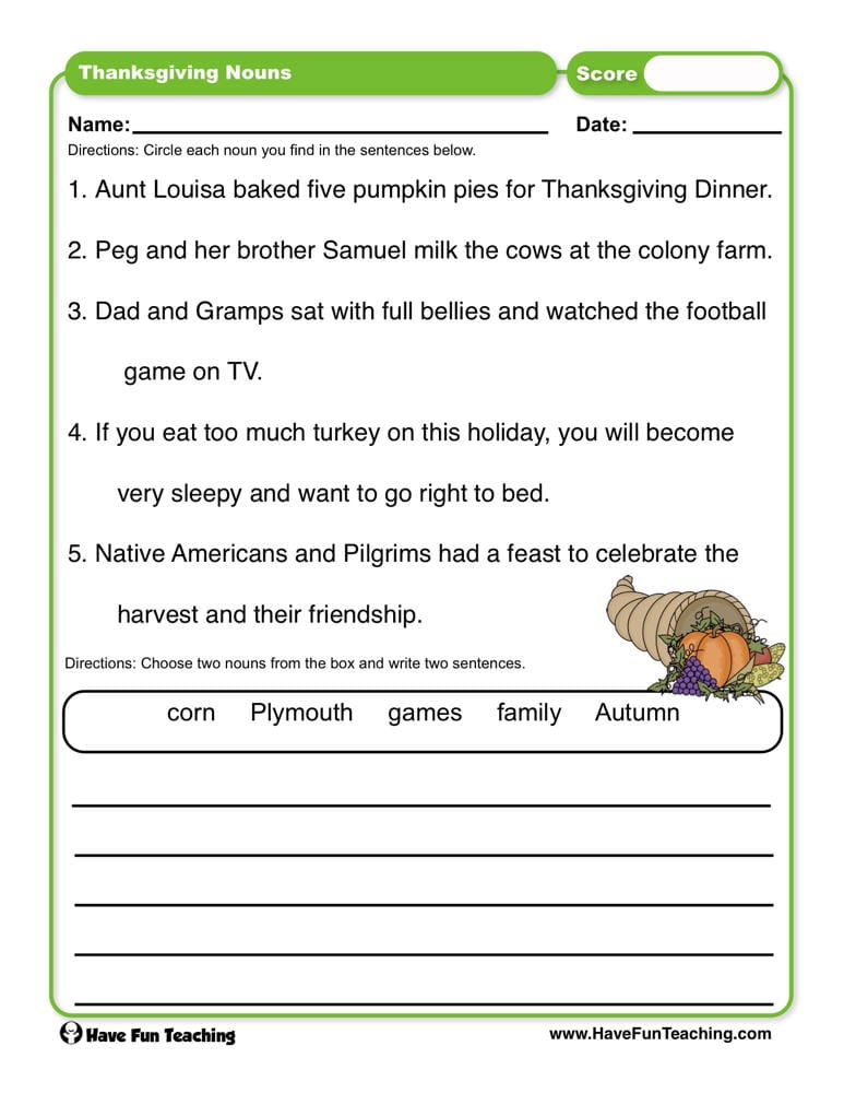 Thanksgiving Nouns Worksheet - Have Fun Teaching