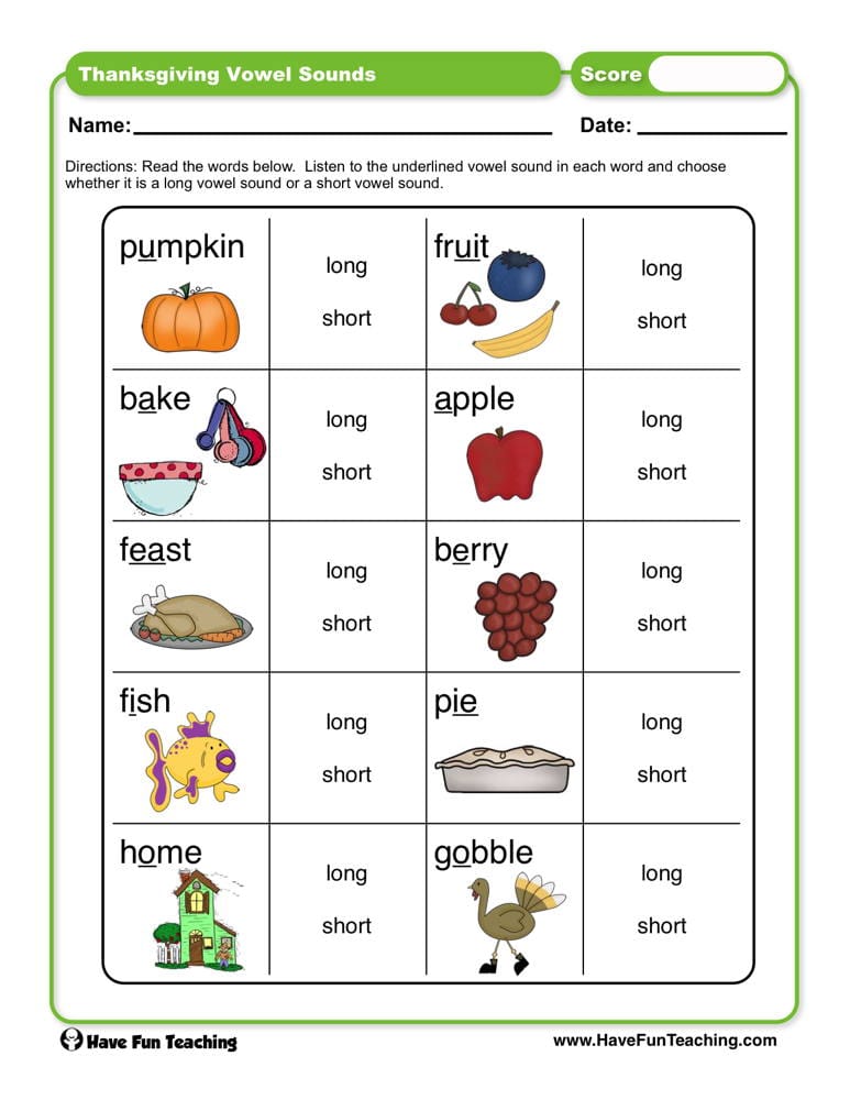 Thanksgiving Vowel Sounds Worksheet - Have Fun Teaching