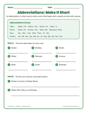2nd grade Abbreviations worksheet with a reference chart and practice
