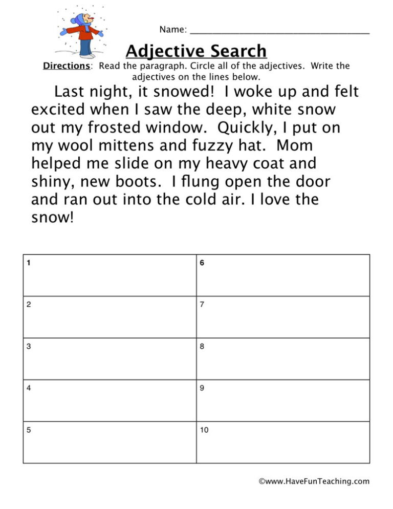 Adjectives Snow Story Worksheet