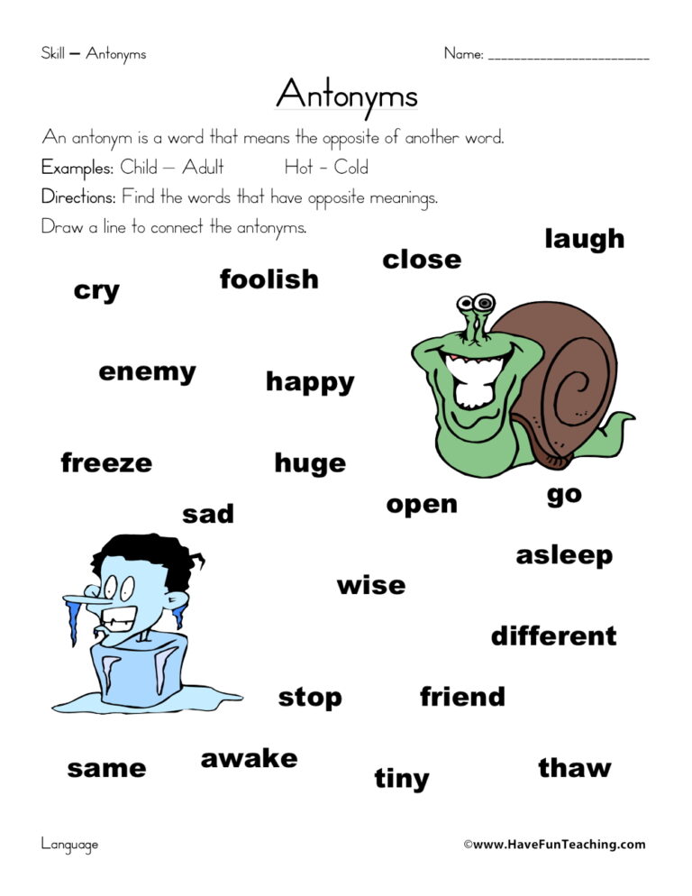 Antonym Matching Worksheet
