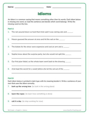 5th Grade idioms worksheet with six idioms to complete