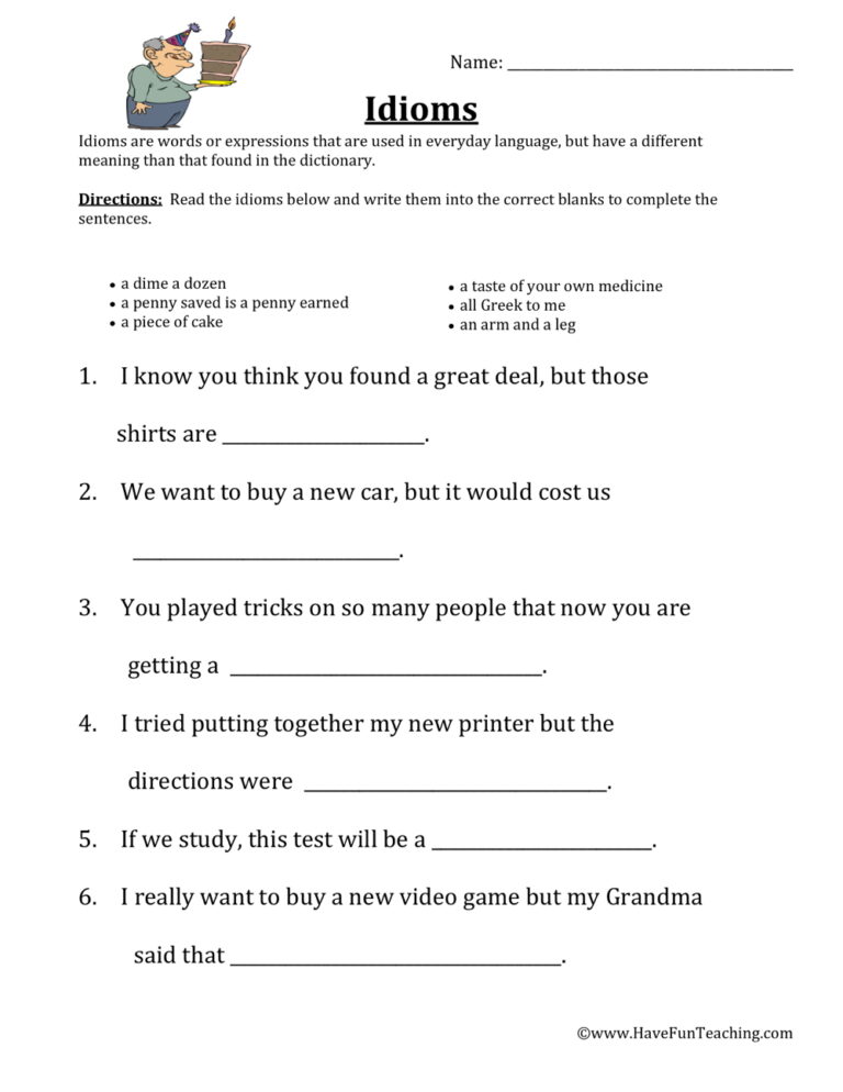 Completing Idioms Worksheet