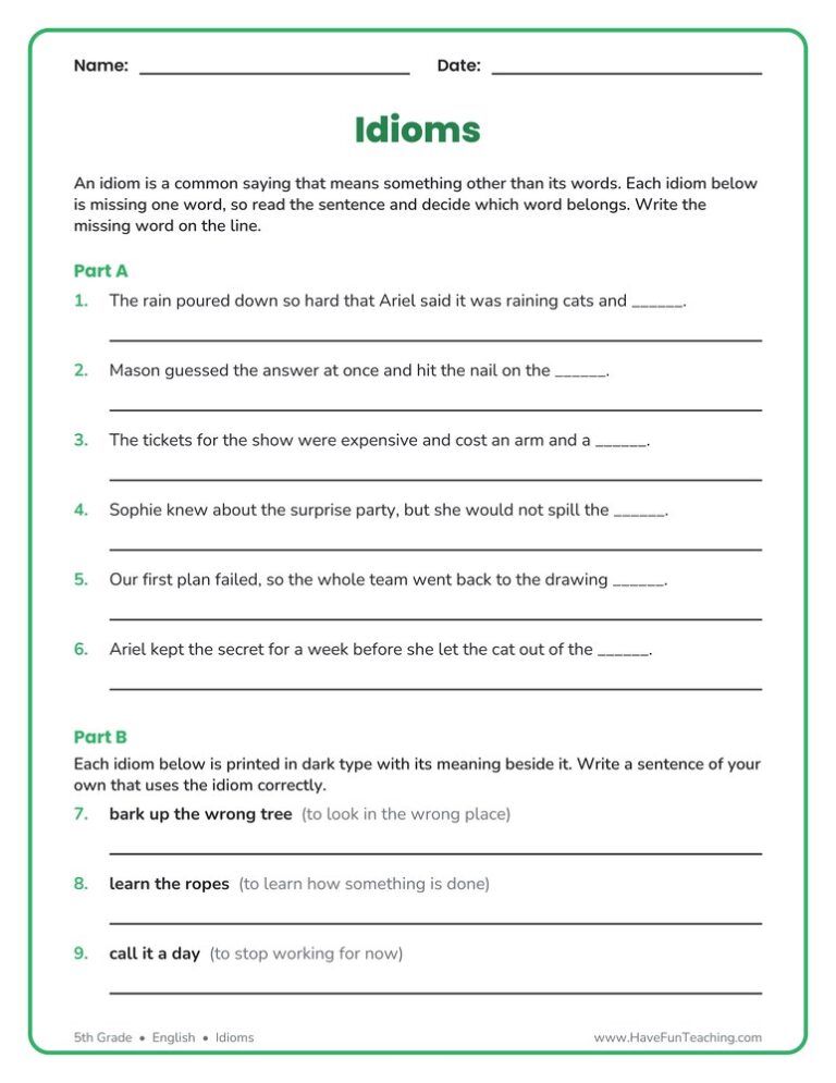 Completing Idioms Worksheet
