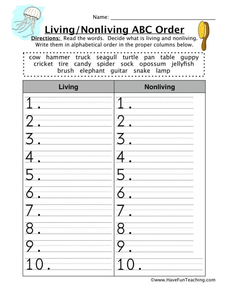Living and Non-Living Things Alphabetical Order Worksheet