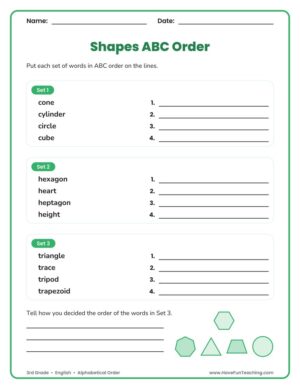 3rd grade shapes alphabetical order worksheet