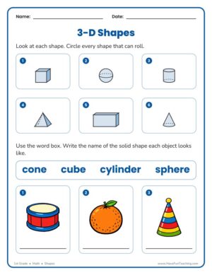 1st grade 3D shapes worksheet