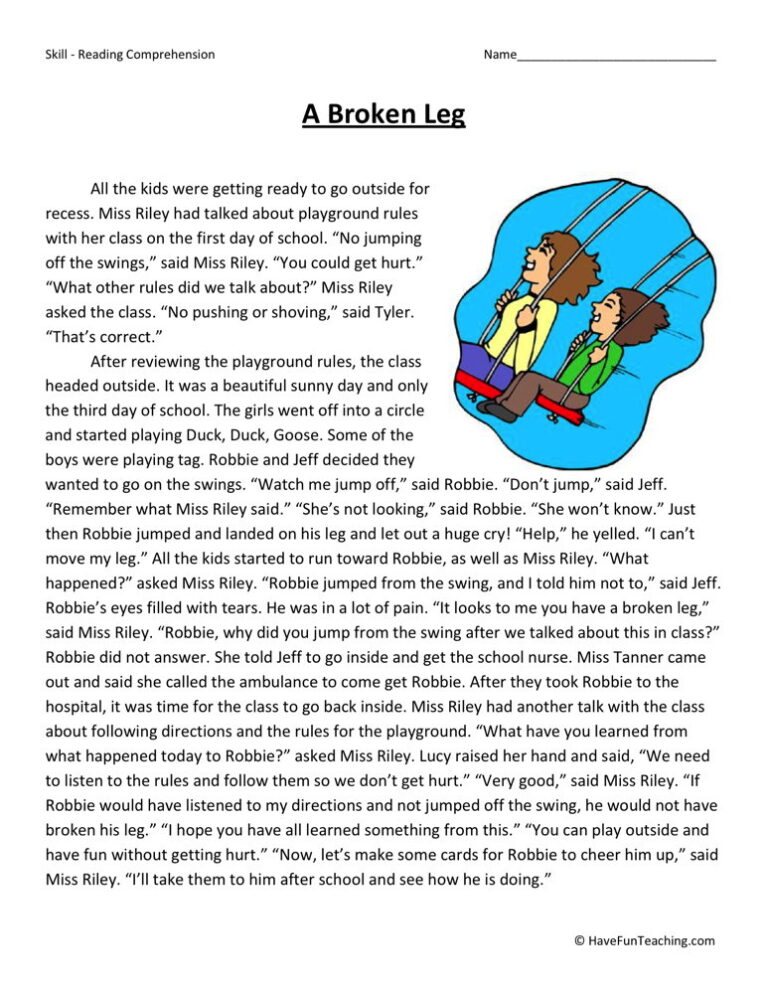 A Broken Leg Reading Comprehension Worksheet