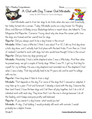 A Chat with a Dog Trainer Reading Comprehension Worksheet