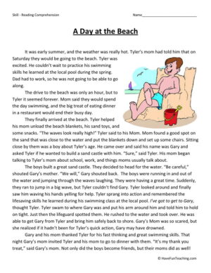 A Day at the Beach Reading Comprehension Worksheet