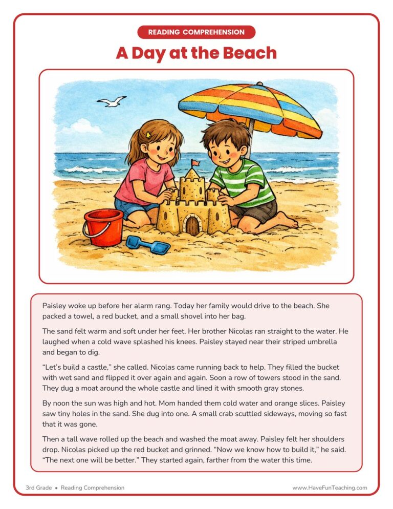 A Day at the Beach Reading Comprehension Worksheet