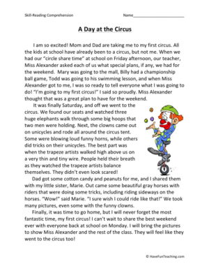 A Day at the Circus Reading Comprehension Worksheet