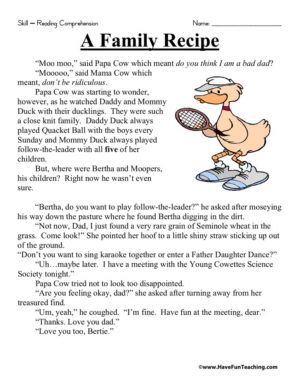 A Family Recipe Reading Comprehension Worksheet