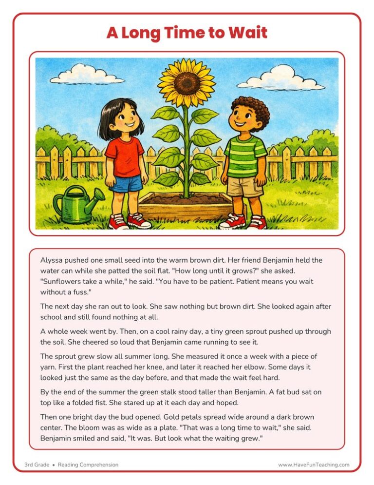 A Long Time to Wait Reading Comprehension Worksheet