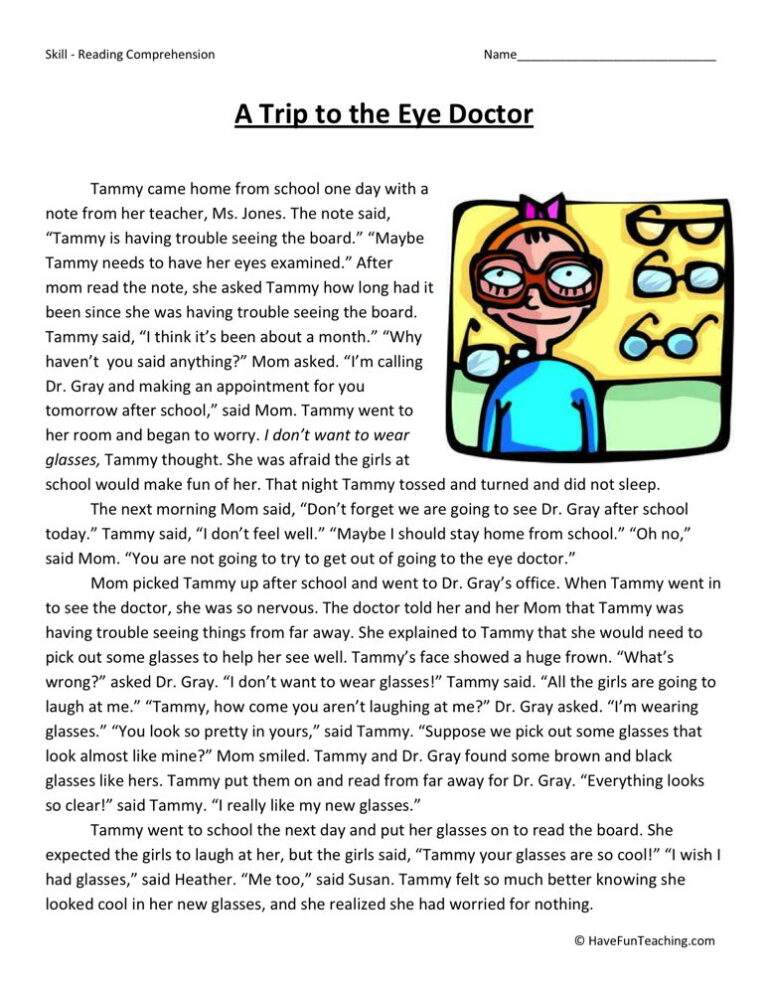 A Trip to the Eye Doctor Reading Comprehension Worksheet
