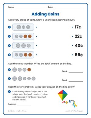 2nd Grade adding coins money worksheet