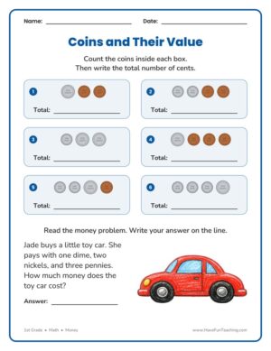1st Grade adding penny, nickel and dime coins worksheet with six coin groups to total