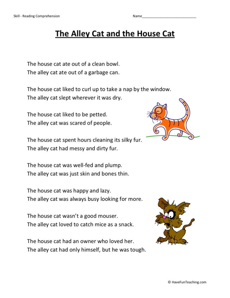 Alley Cat and House Cat Reading Comprehension Worksheet