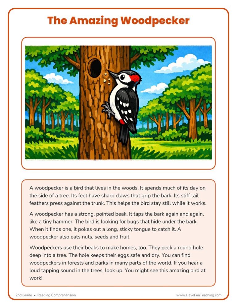 The Amazing Woodpecker Reading Comprehension Worksheet