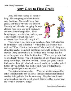 Amy Goes to First Grade Reading Comprehension Worksheet