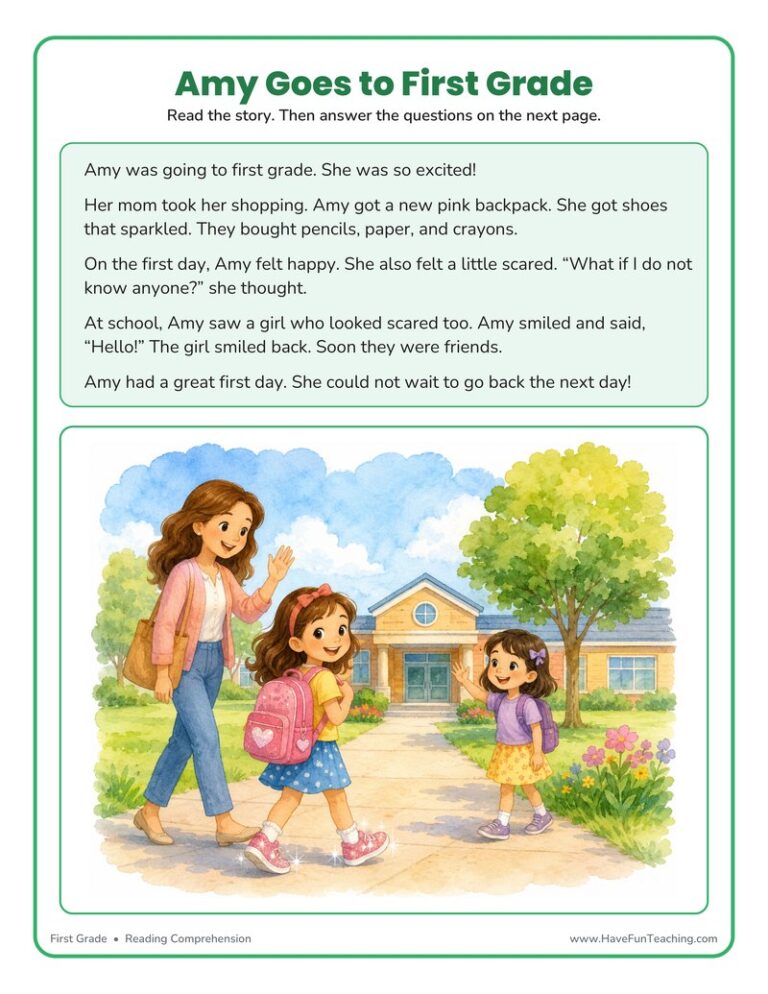 Amy Goes to First Grade Reading Comprehension Worksheet