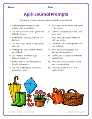 3rd Grade April daily journal prompts writing worksheet