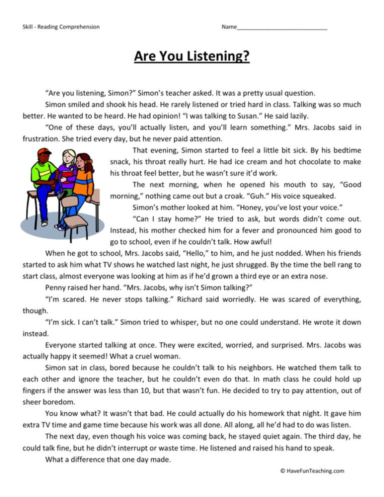 Are You Listening? Reading Comprehension Worksheet