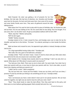 Baby Sister Reading Comprehension Worksheet