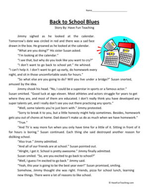 Back to School Blues Reading Comprehension Worksheet
