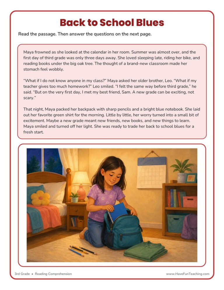 Back to School Blues Reading Comprehension Worksheet